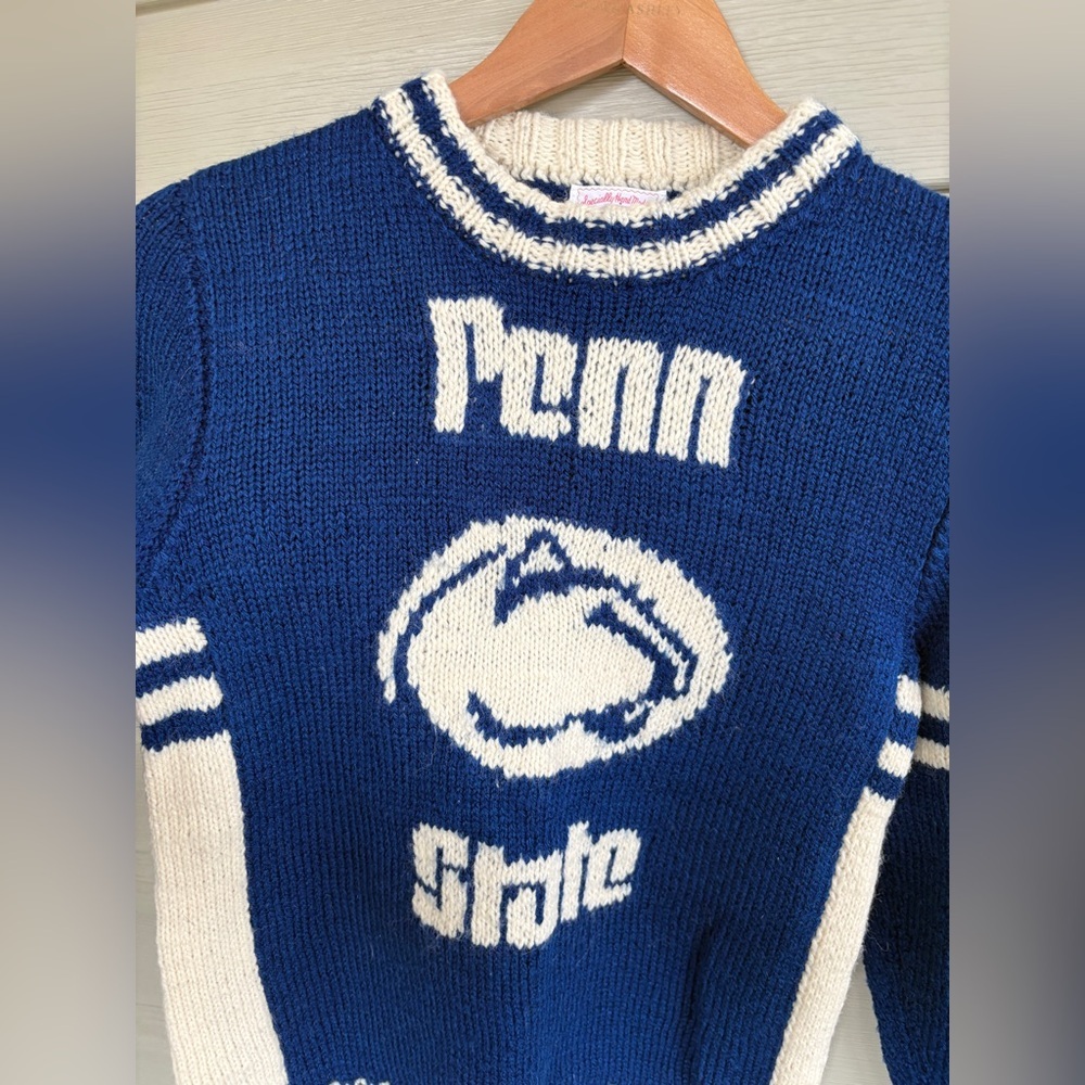 Vintage Hand-knit by Grandma Penn State sweater PSU Nittany Lions blue white XS - Picture 2 of 11